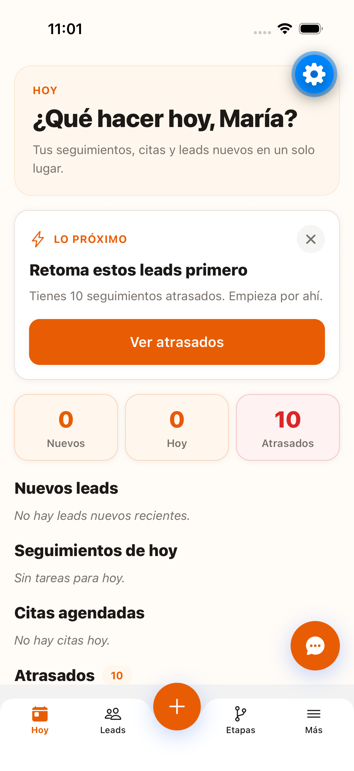 Pantalla Hoy de Retoma CRM: seguimientos del día y contadores de leads