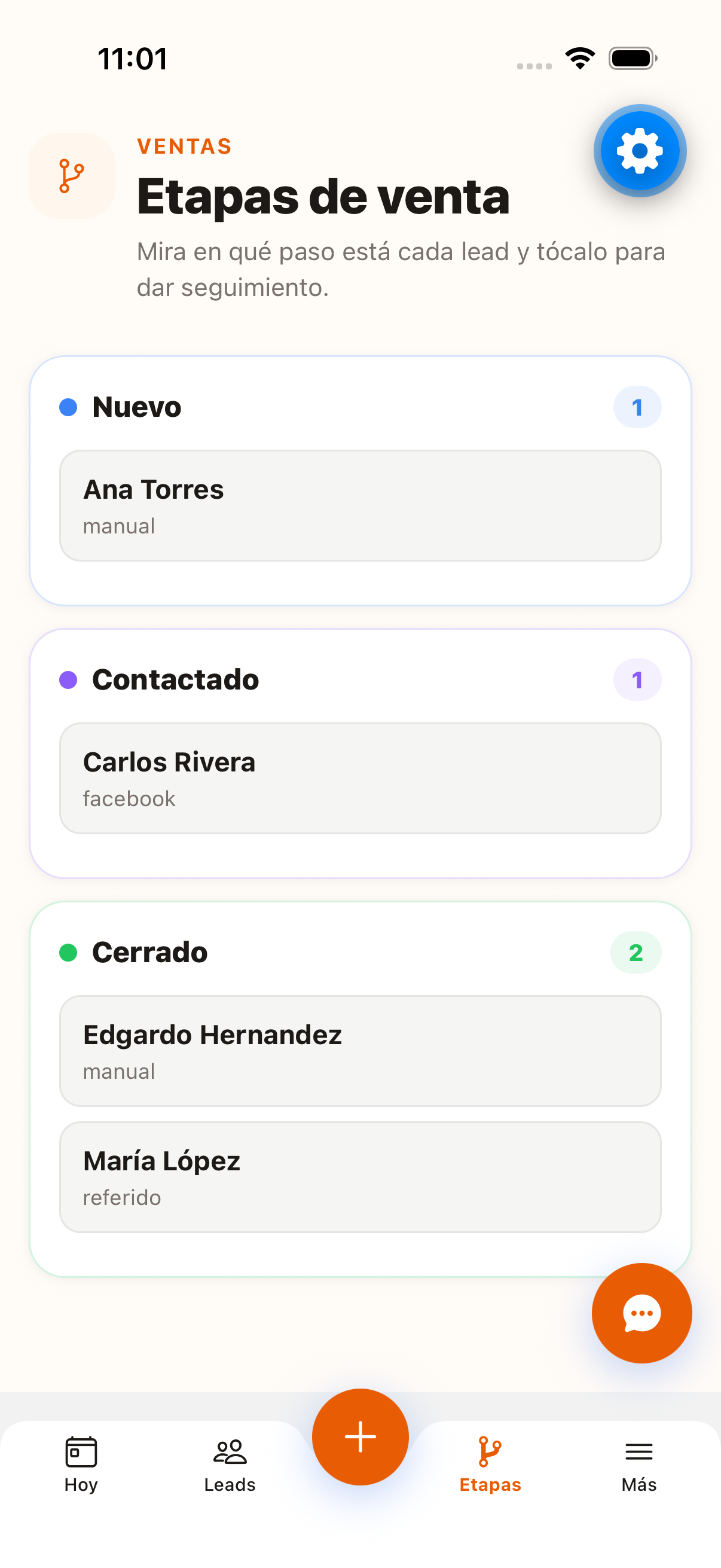 Pantalla Etapas de Retoma CRM con leads por etapa de venta
